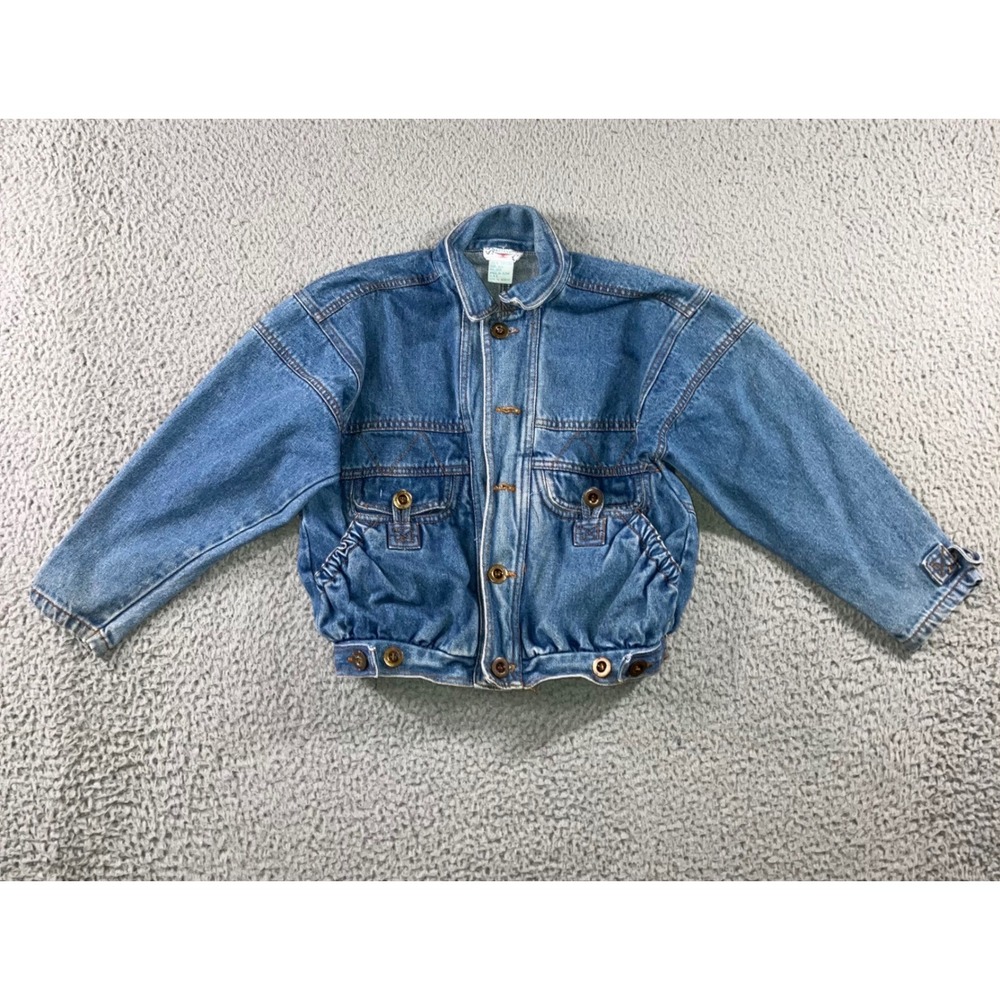 Vintage Denim Bomber Jacket Girls 6x Retro‎ 80s 90s Style Pocketed Medium Wash